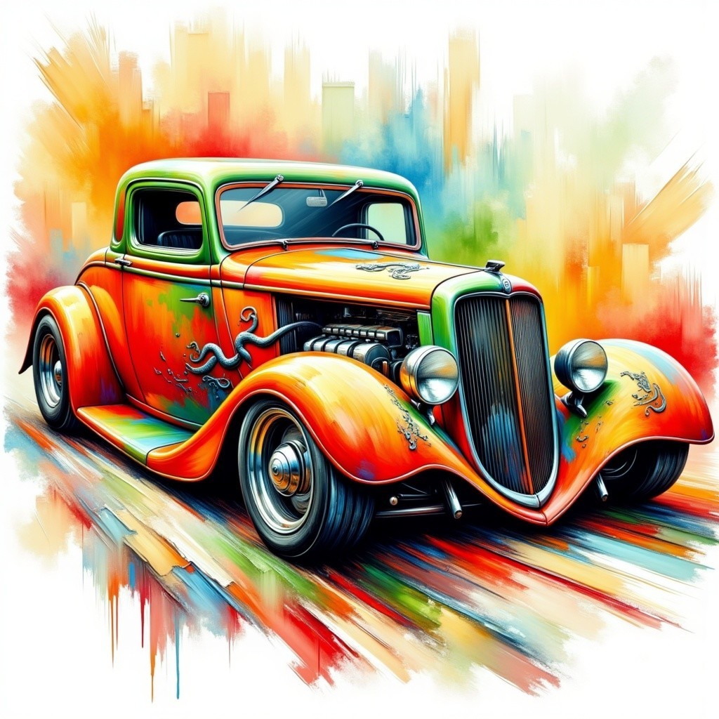 Vintage Car with Orange and Green Dragon Design