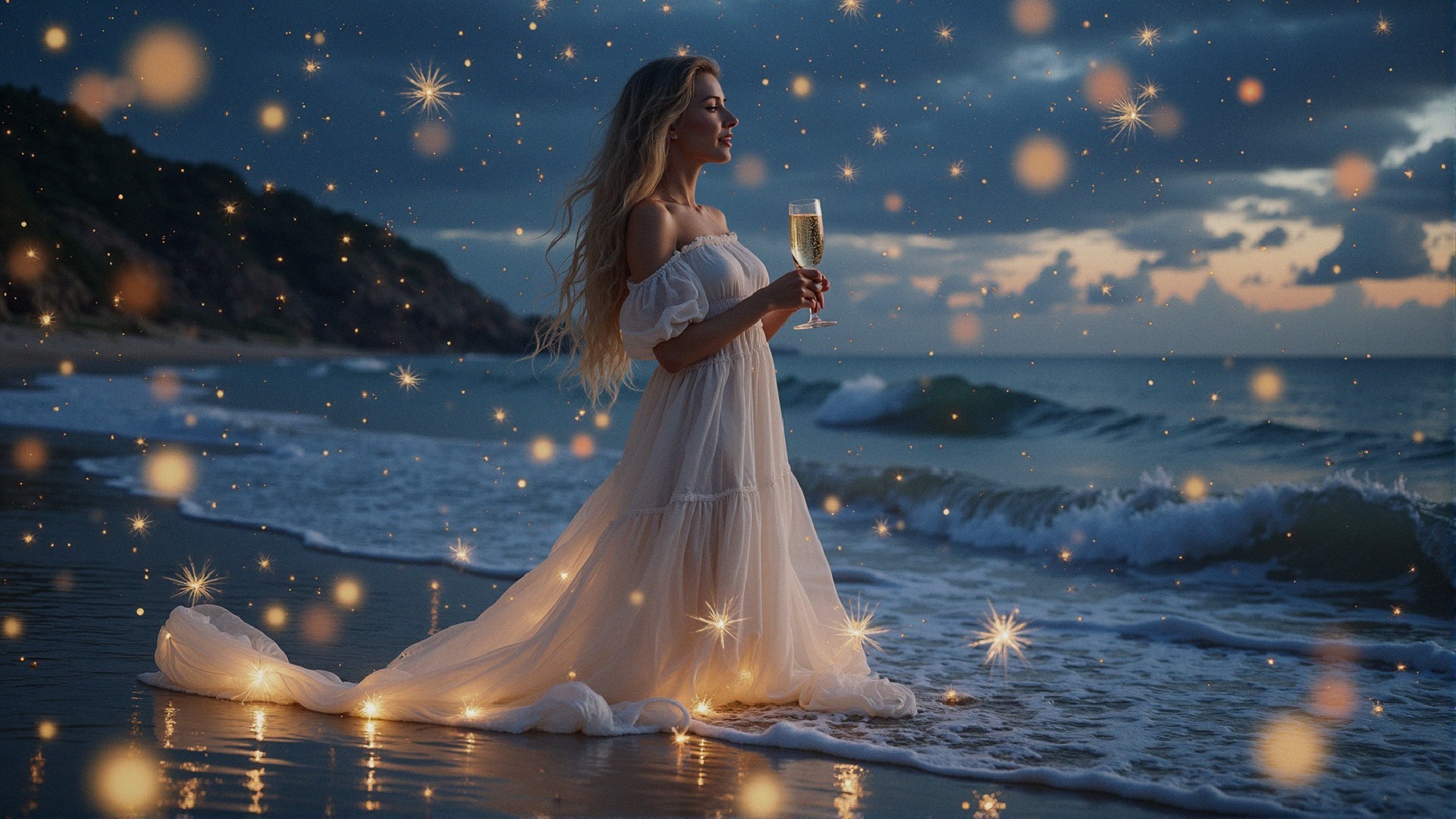 Twilight Beach Scene with Woman in White Gown