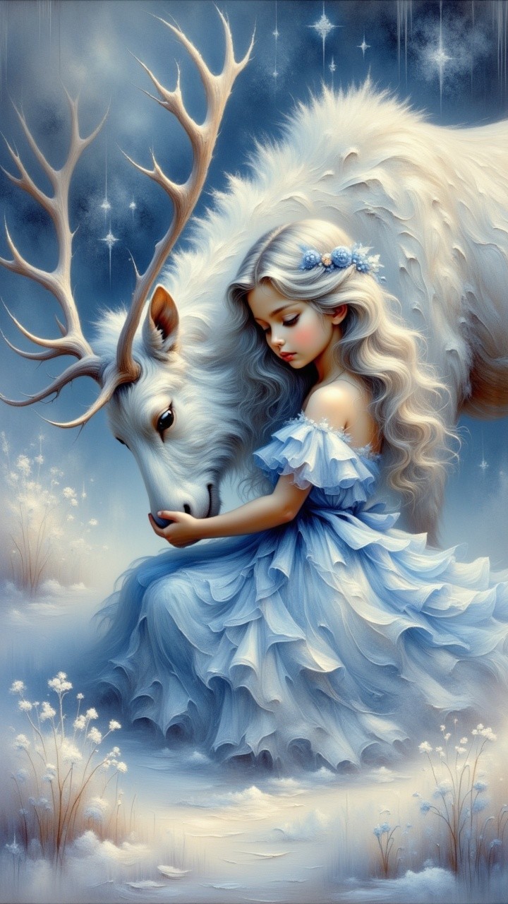 Young girl with stag in a snowy, magical landscape
