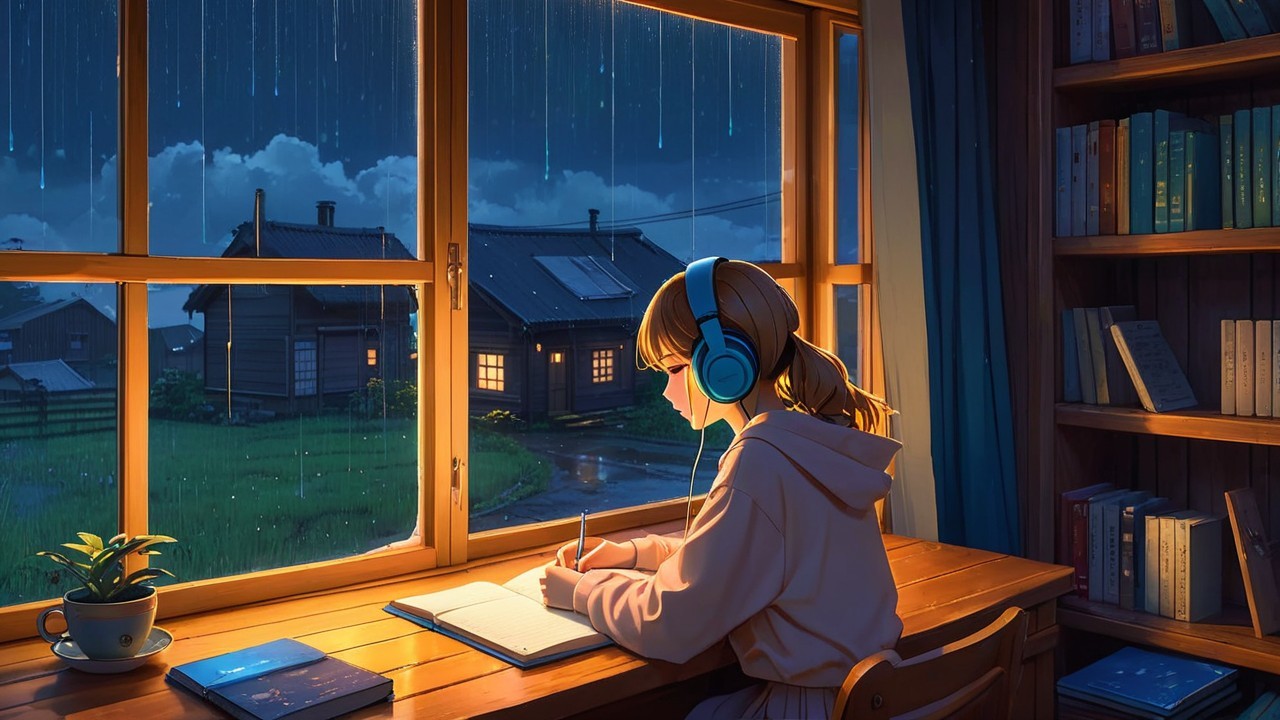 Young girl writing at desk with rainy rural view