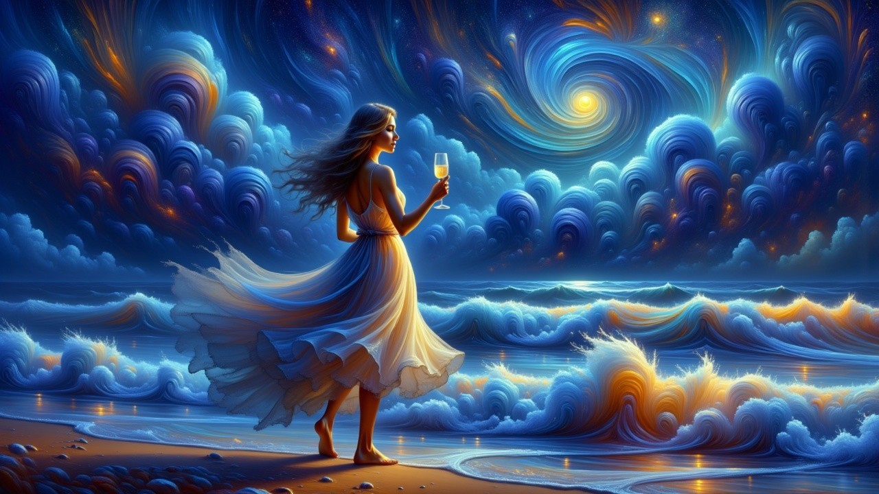 Serene Woman on Beach Under Starry Sky
