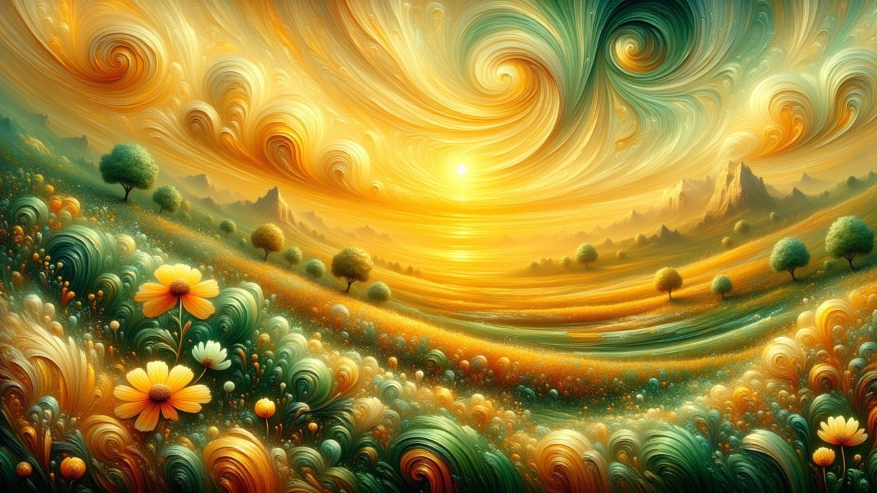 Vivid Landscape with Swirling Clouds and Sunset Glow