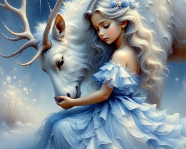 Young girl with stag in a snowy, magical landscape