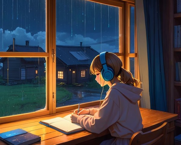 Young girl writing at desk with rainy rural view