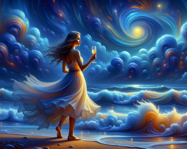 Serene Woman on Beach Under Starry Sky