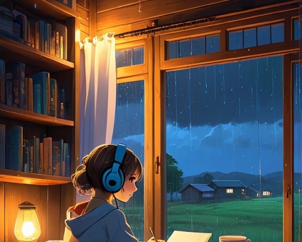 Cozy Room with Girl Writing and Rainy View
