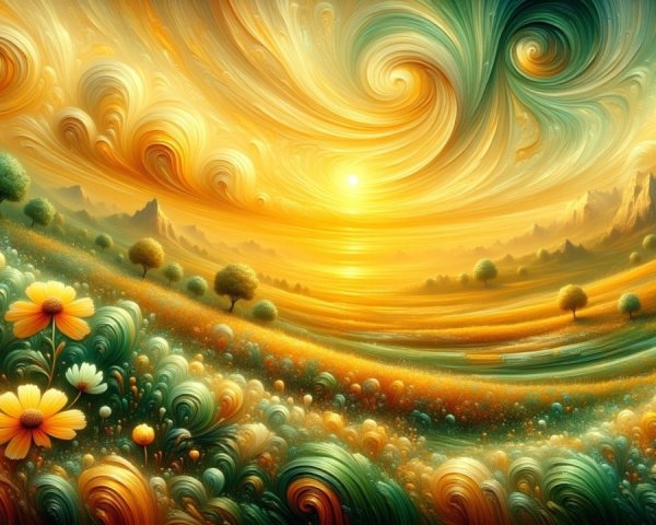 Vivid Landscape with Swirling Clouds and Sunset Glow