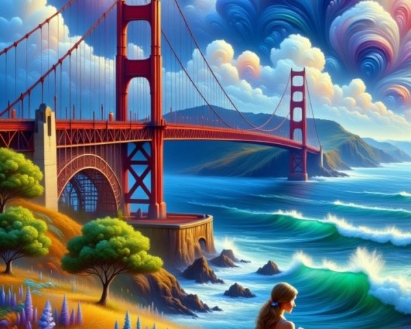 Vibrant Landscape with Golden Gate Bridge and Reading Woman