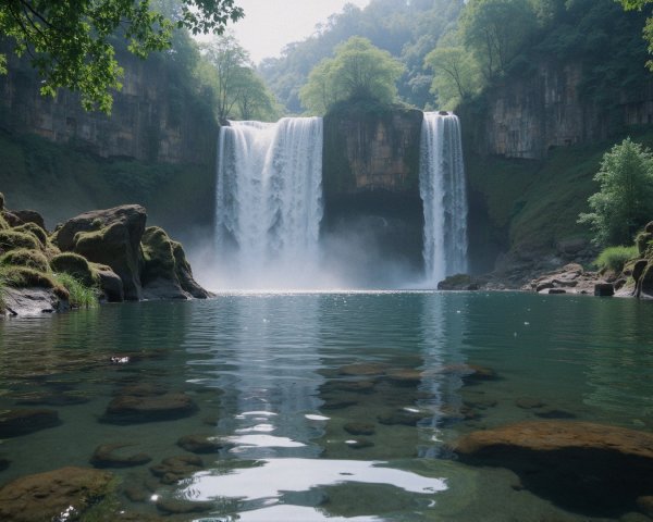 Waterfall Cascading into a Serene Pool Surrounded by Nature