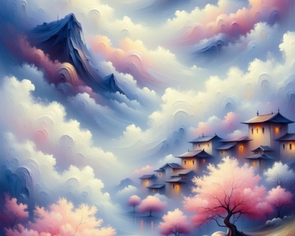 Serene Landscape with Mountains and Cherry Blossoms