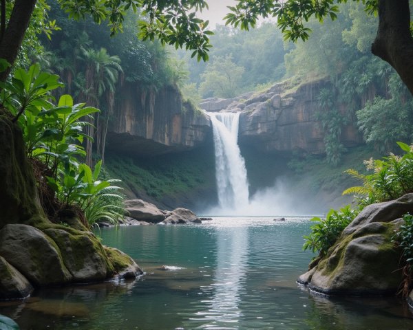 Tropical Landscape with Waterfall and Lush Greenery