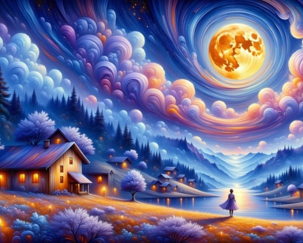 Serene Dusk Landscape with Full Moon and Cottages