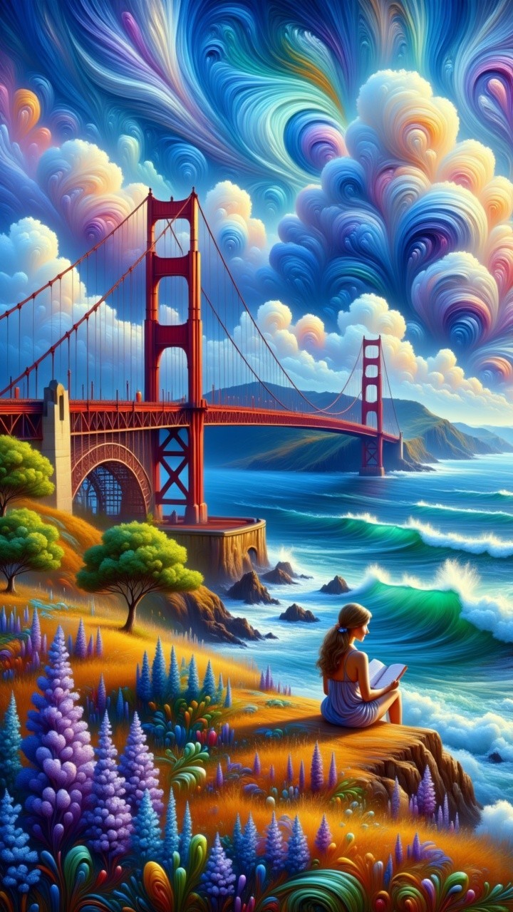 Vibrant Landscape with Golden Gate Bridge and Reading Woman