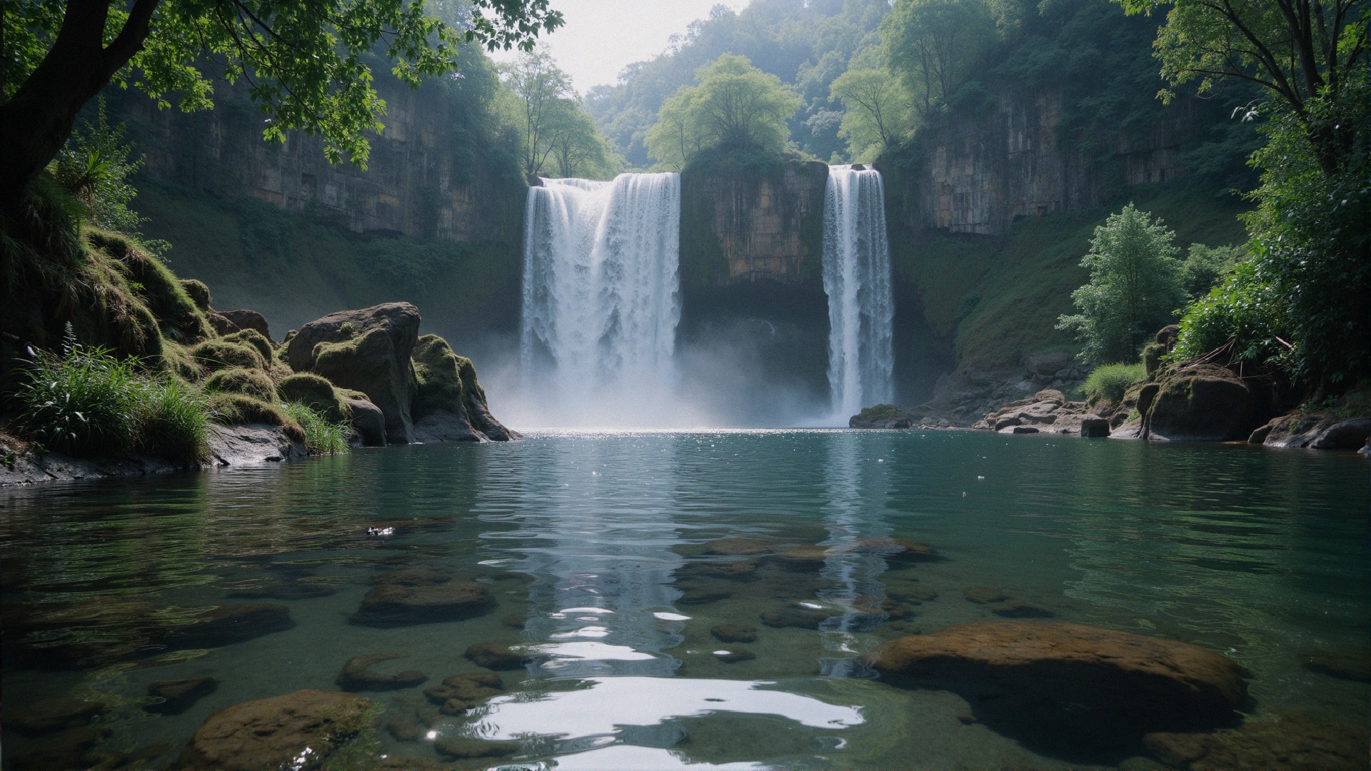 Waterfall Cascading into a Serene Pool Surrounded by Nature