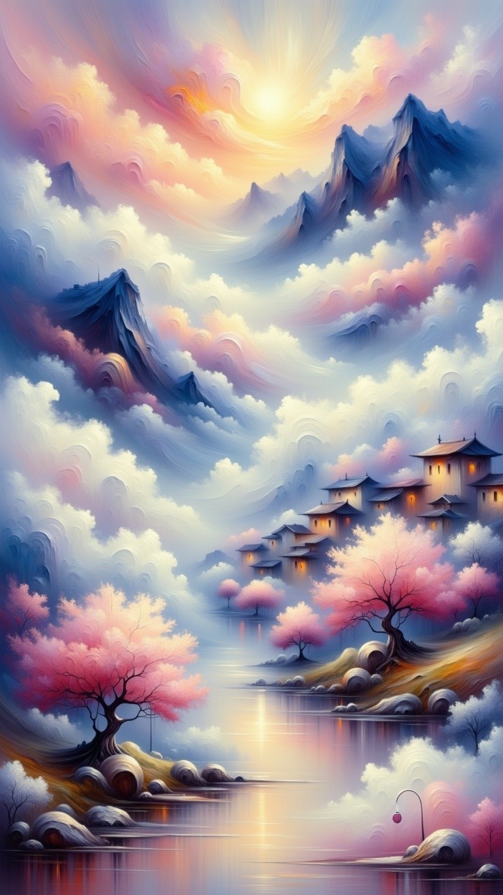 Serene Landscape with Mountains and Cherry Blossoms