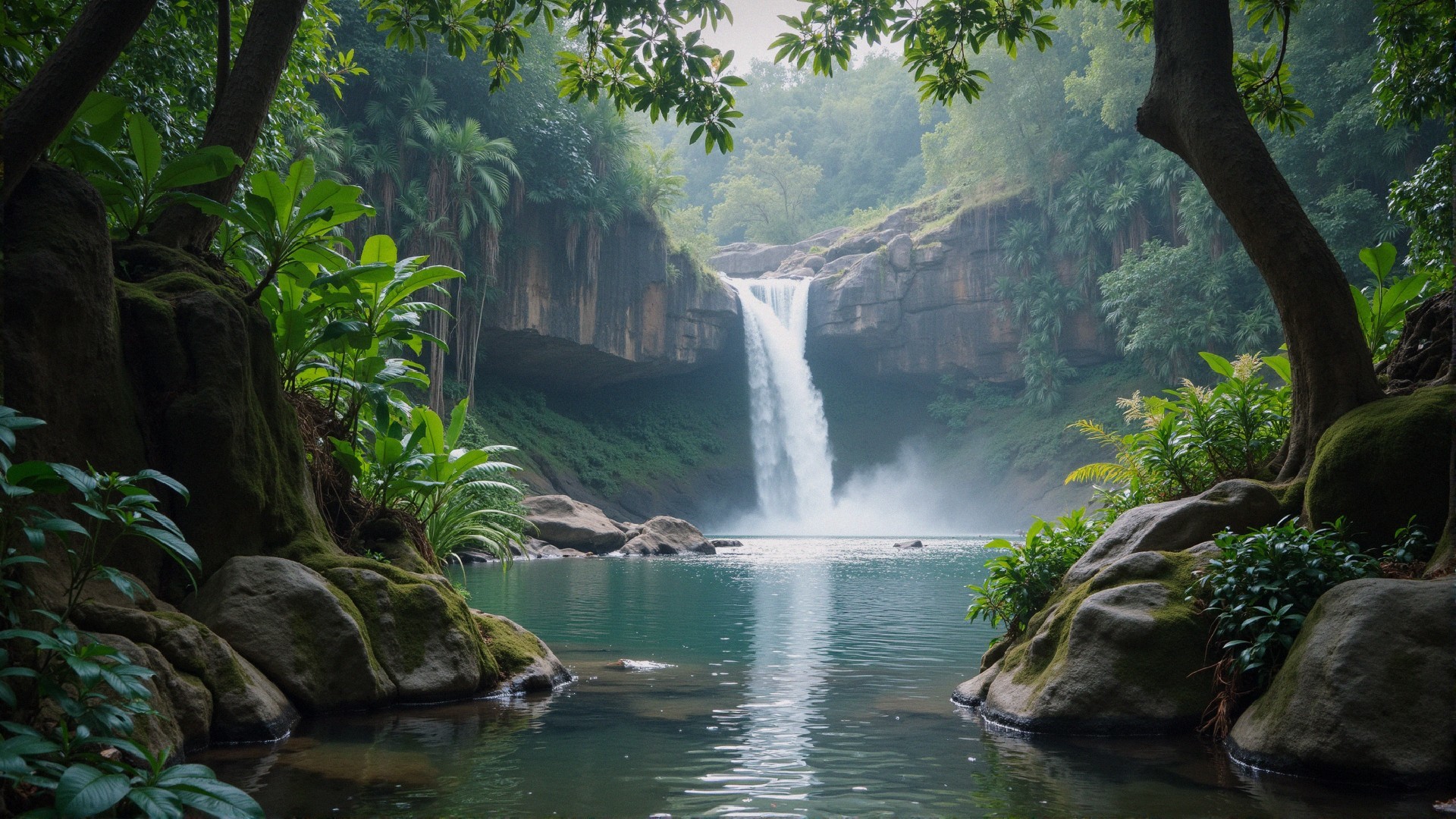 Tropical Landscape with Waterfall and Lush Greenery
