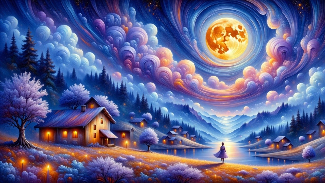 Serene Dusk Landscape with Full Moon and Cottages