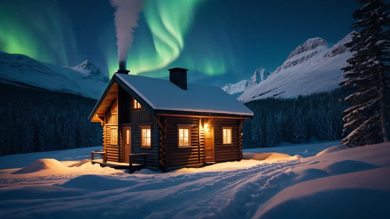 Cozy Wooden Cabin in Snowy Landscape with Northern Lights