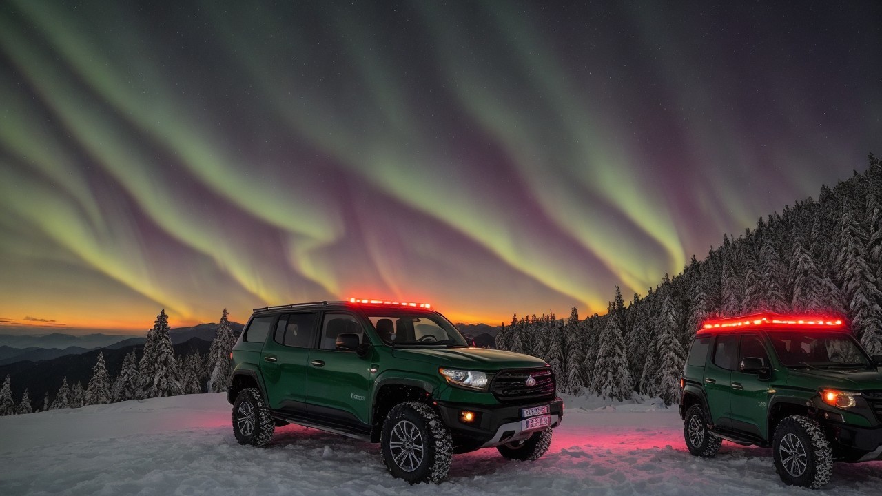 Green SUVs in Snowy Landscape Under Aurora Borealis
