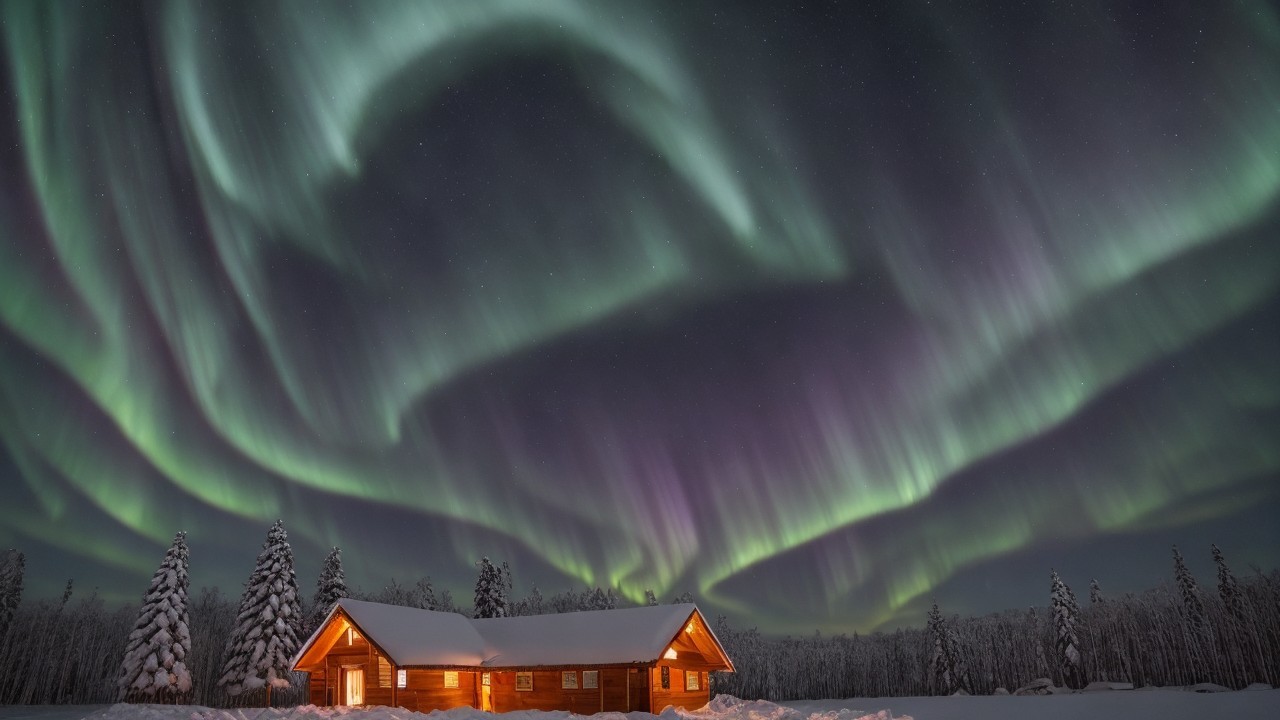 Cozy Cabin in Snowy Landscape with Aurora Borealis