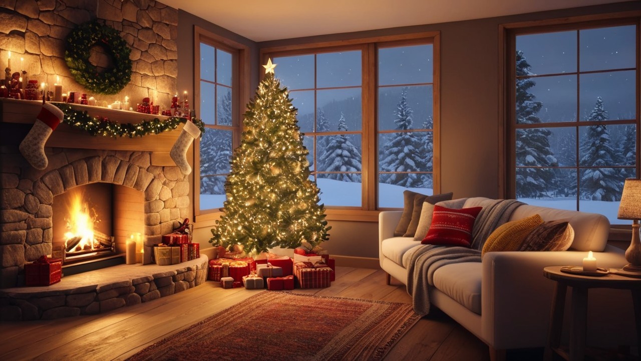 Cozy Christmas Living Room with Decor and Fireplace