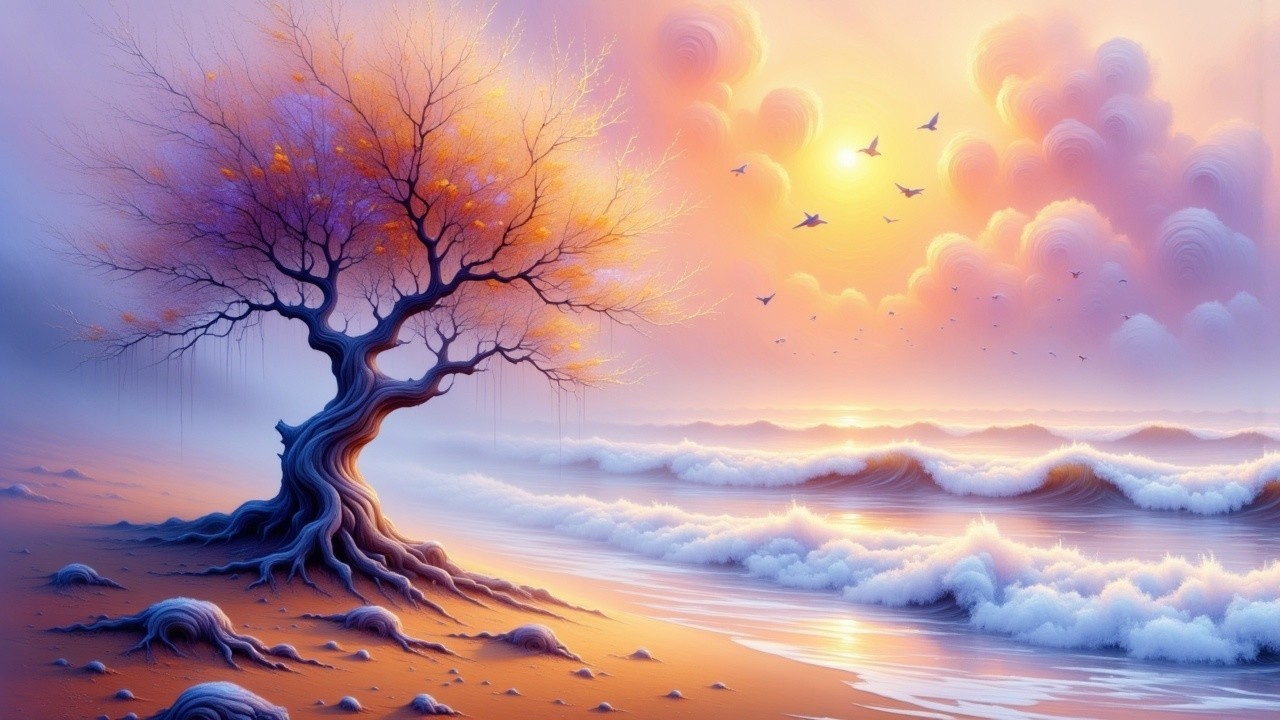 Twisted Tree on Serene Beach at Sunrise