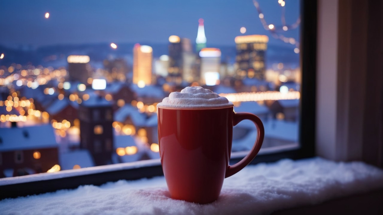 Red Mug of Hot Chocolate with Snowy City Skyline