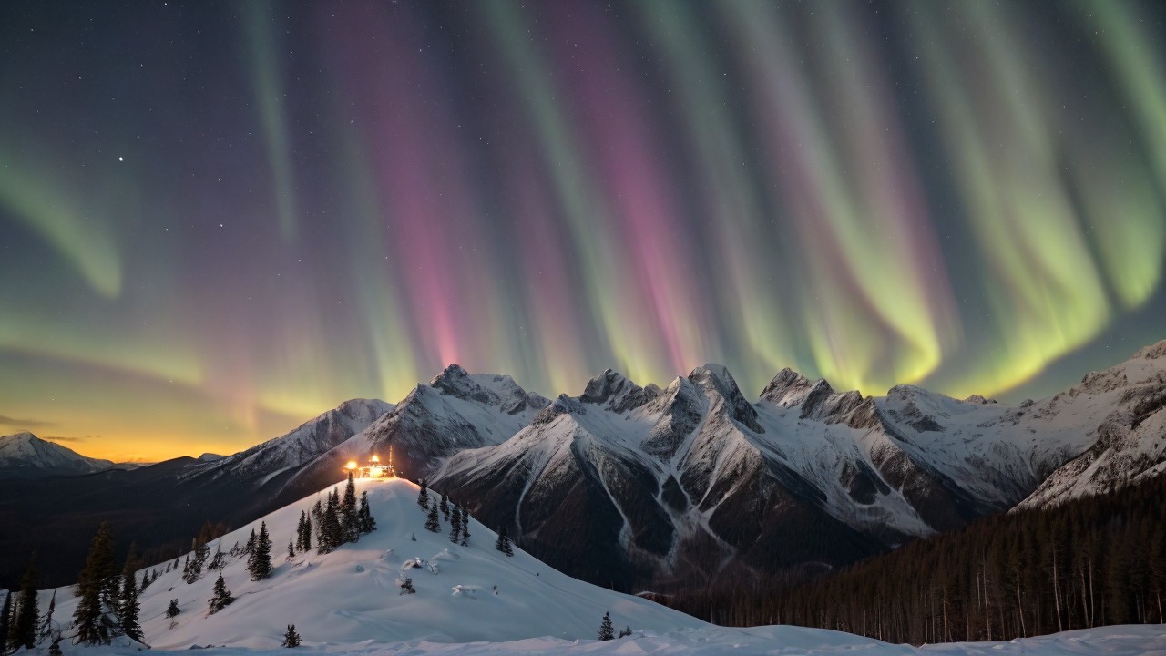 Northern Lights Over Snow-Covered Mountains and Cabin