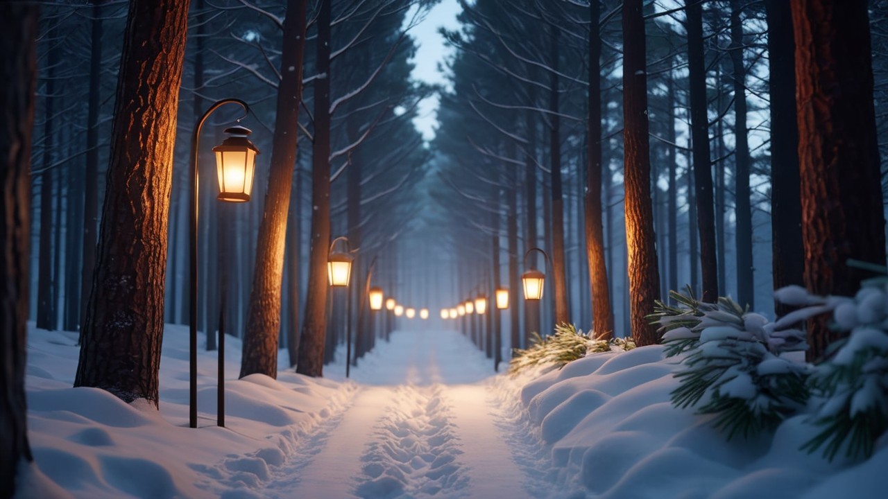 Winter Path in Snow-Covered Forest with Lanterns