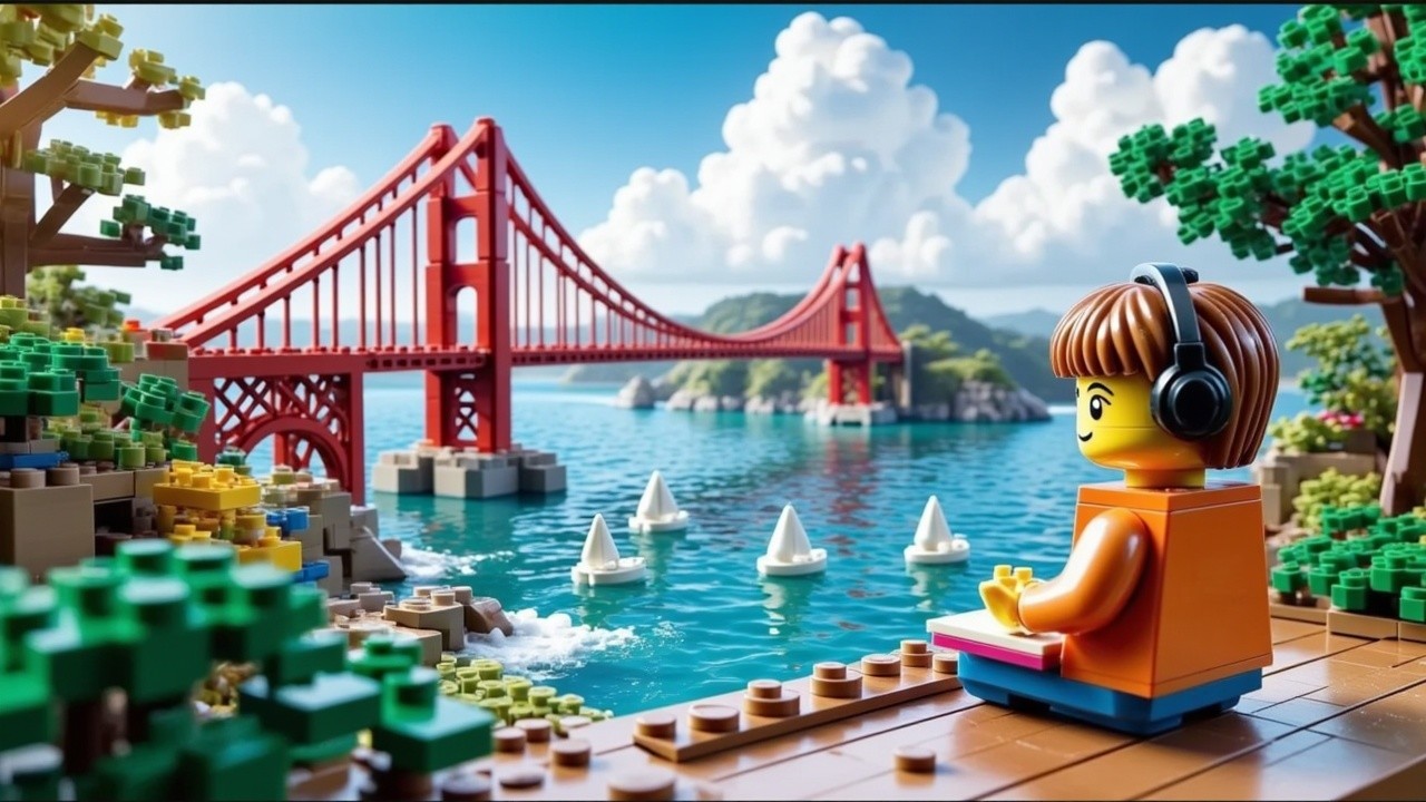 Colorful Lego Scene of Child by Scenic Waterfront