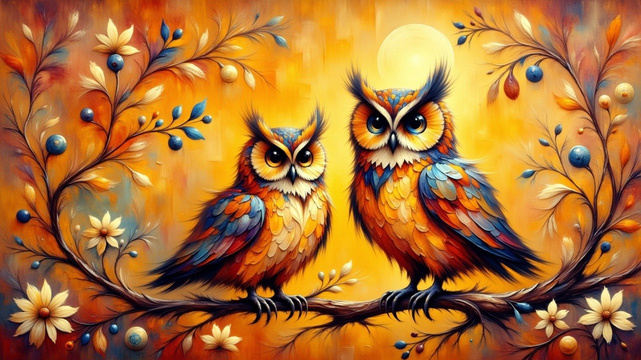 Colorful Owls on Branch with Floral Designs and Warm Tones
