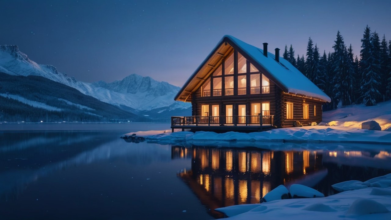 Cozy Log Cabin by Serene Lake Under Starry Sky
