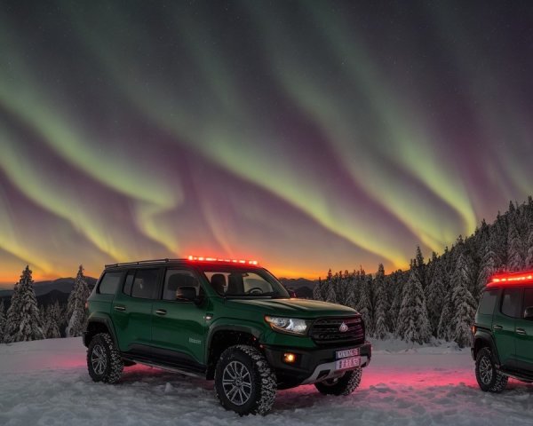 Green SUVs in Snowy Landscape Under Aurora Borealis