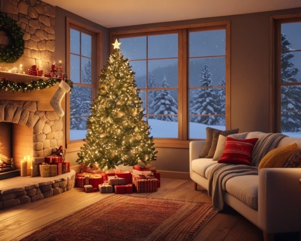 Cozy Christmas Living Room with Decor and Fireplace