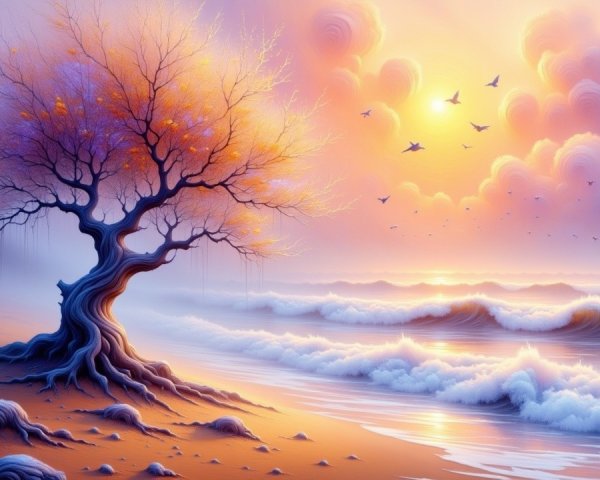Twisted Tree on Serene Beach at Sunrise