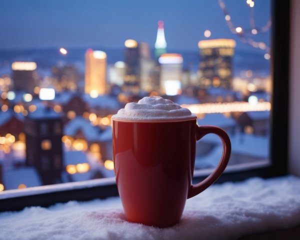 Red Mug of Hot Chocolate with Snowy City Skyline