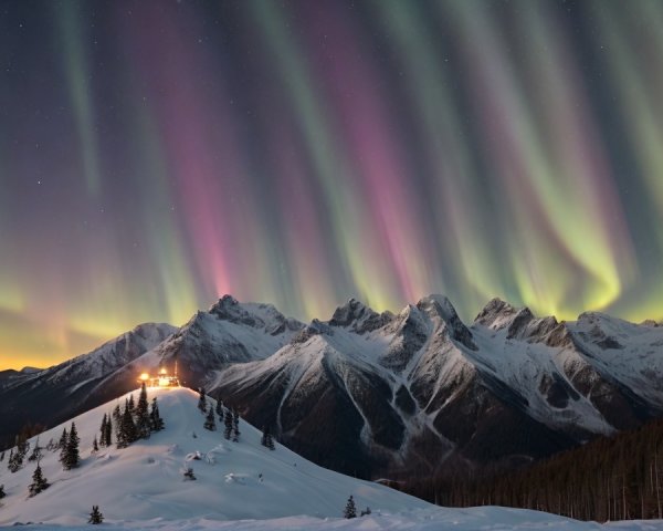 Northern Lights Over Snow-Covered Mountains and Cabin