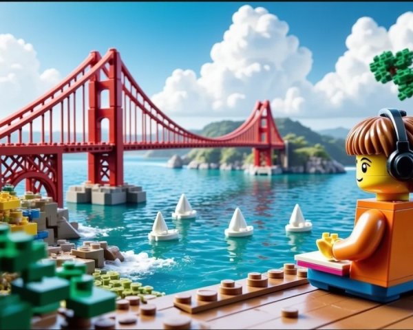 Colorful Lego Scene of Child by Scenic Waterfront