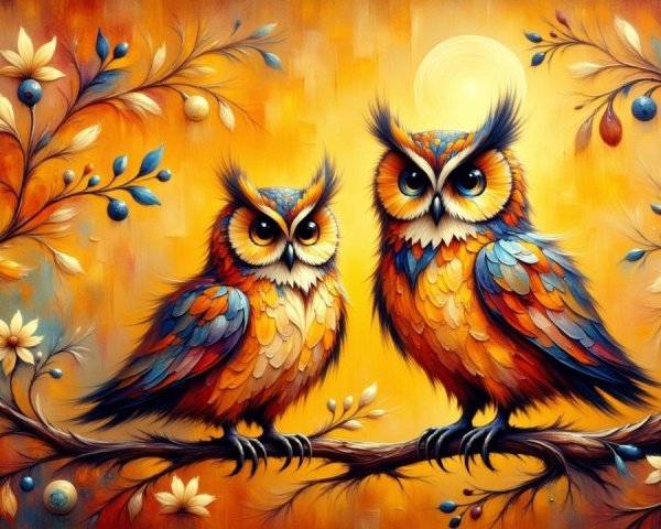 Colorful Owls on Branch with Floral Designs and Warm Tones