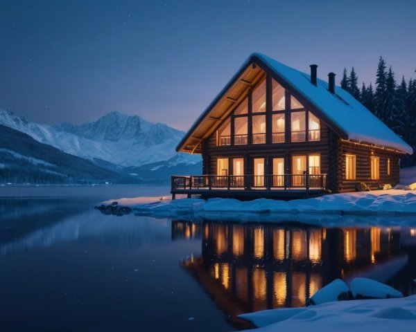 Cozy Log Cabin by Serene Lake Under Starry Sky