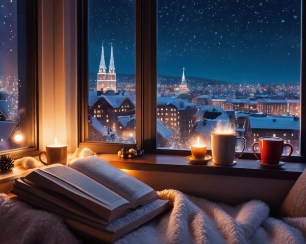 Cozy Winter Scene with Snowy Town and Festive Lights
