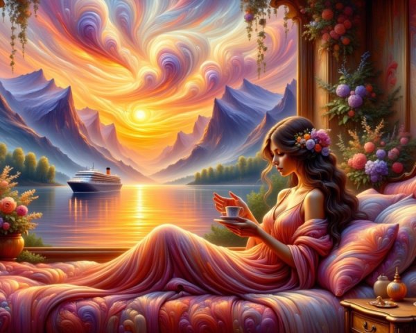 Dreamy Interior with Woman, Flowers, and Mountains