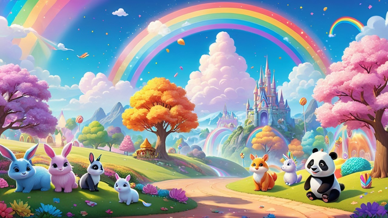 Colorful Cartoon Animal Landscape with Castle and Rainbows