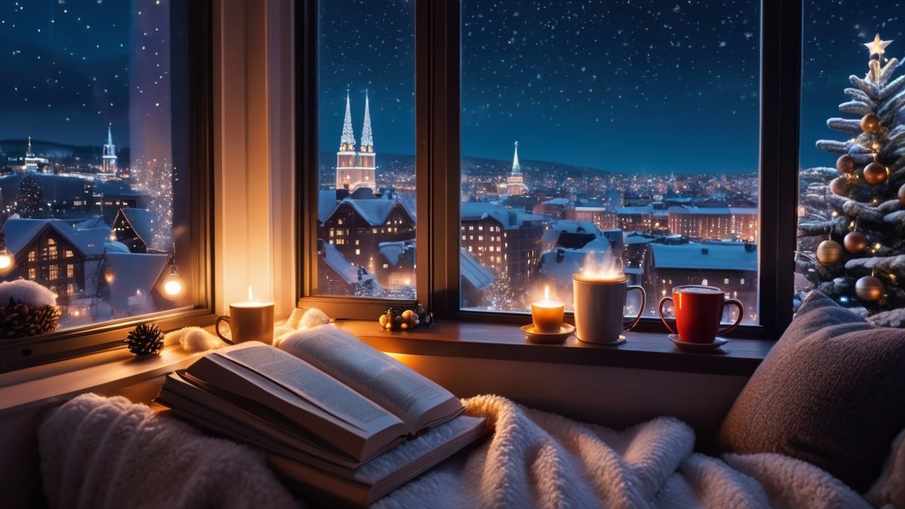 Cozy Winter Scene with Snowy Town and Festive Lights