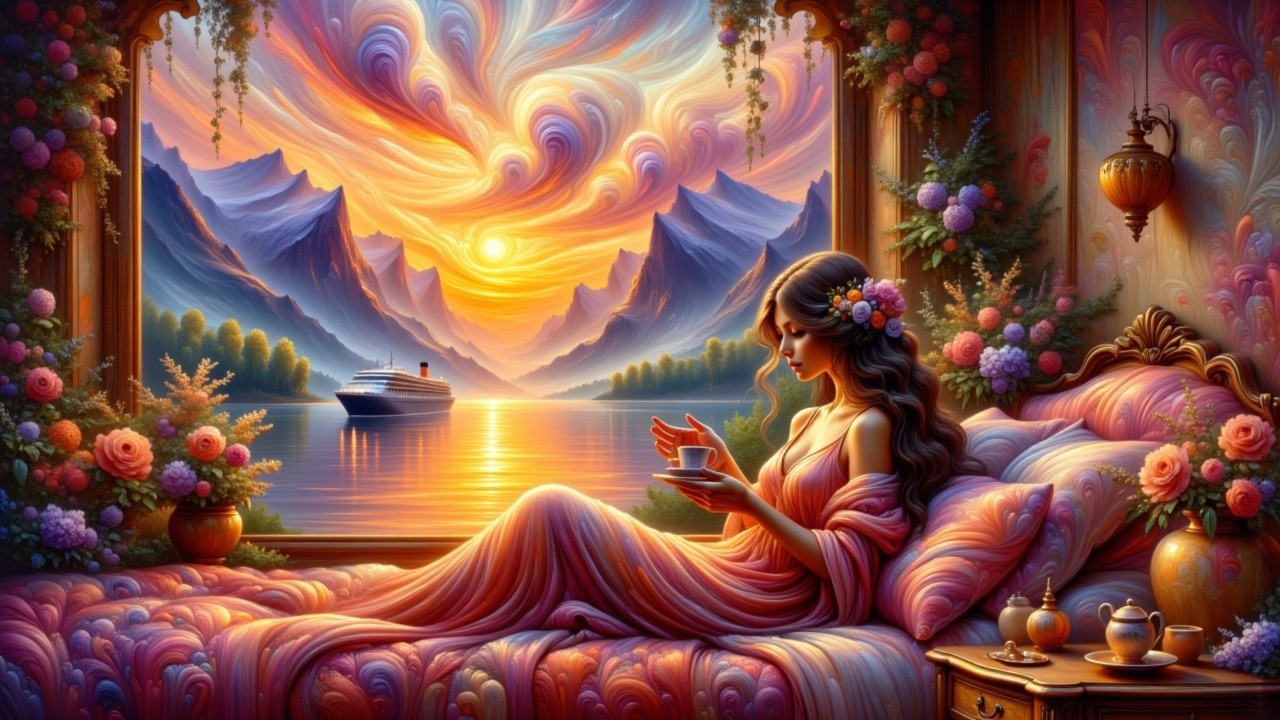 Dreamy Interior with Woman, Flowers, and Mountains