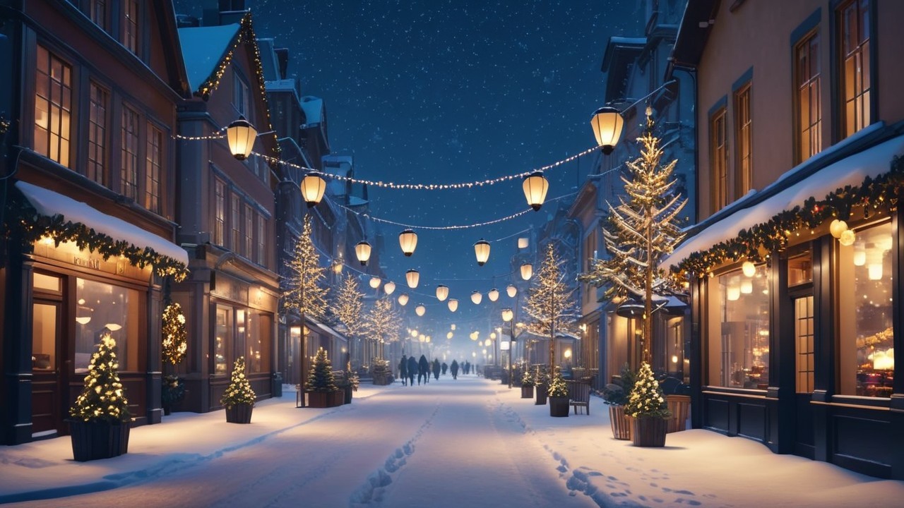 Winter Street Scene with Lanterns and Snow Decor