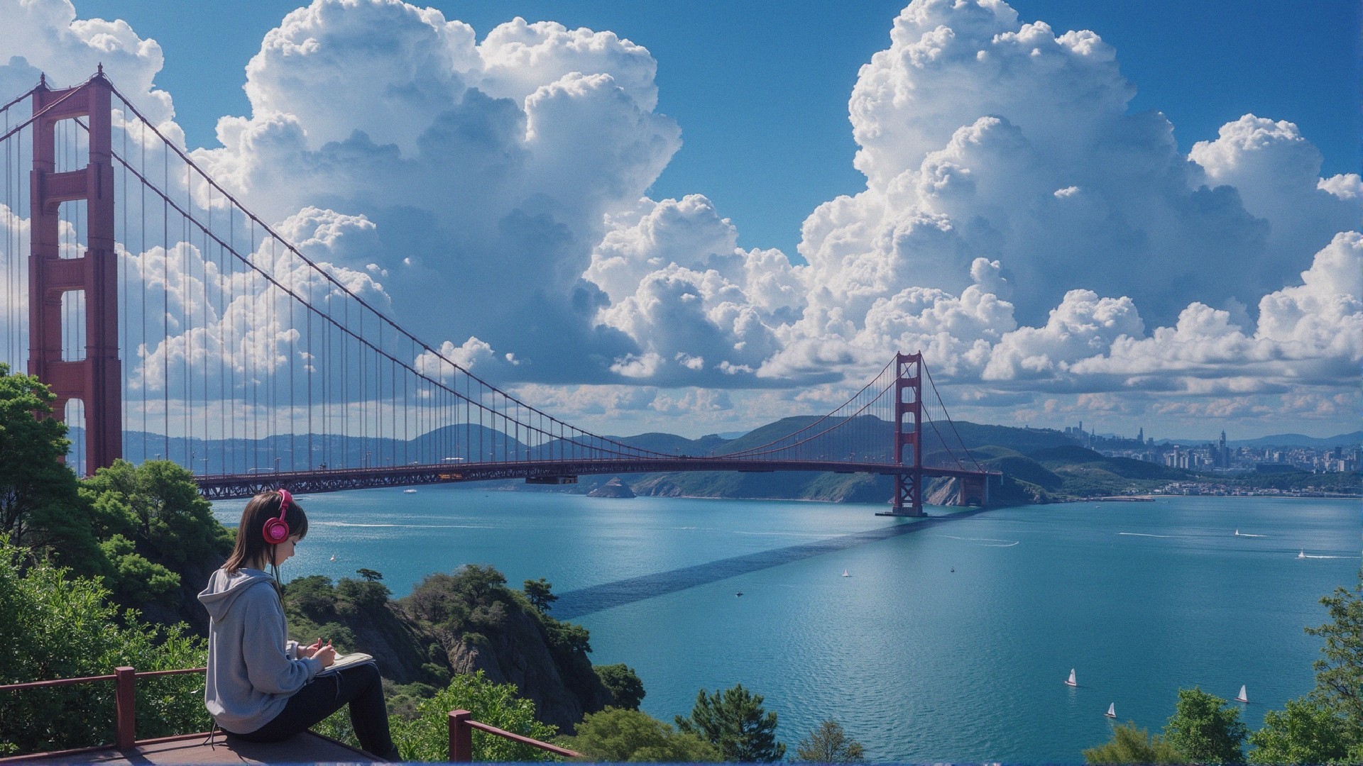 Woman on Ledge with Golden Gate Bridge View