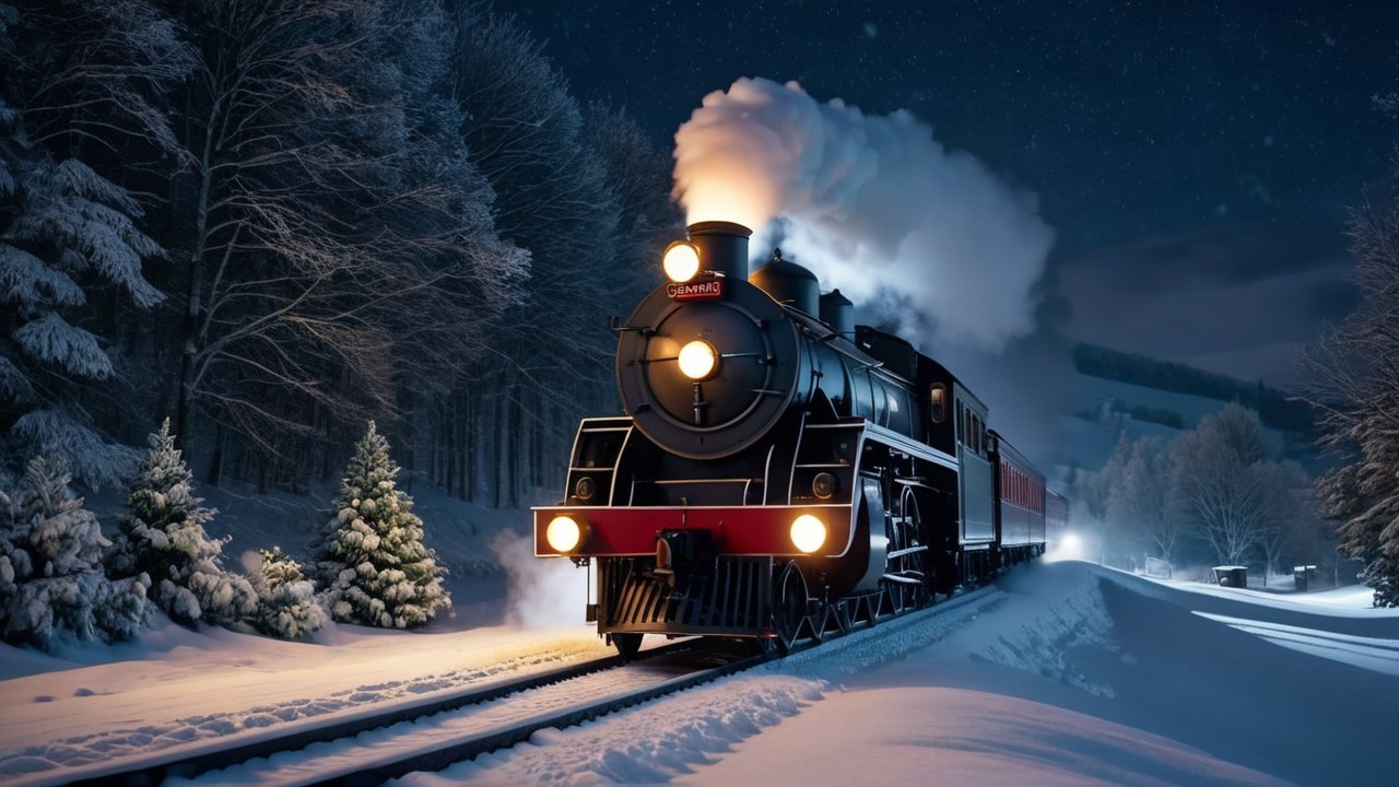 Classic Steam Locomotive on Snowy Tracks at Night