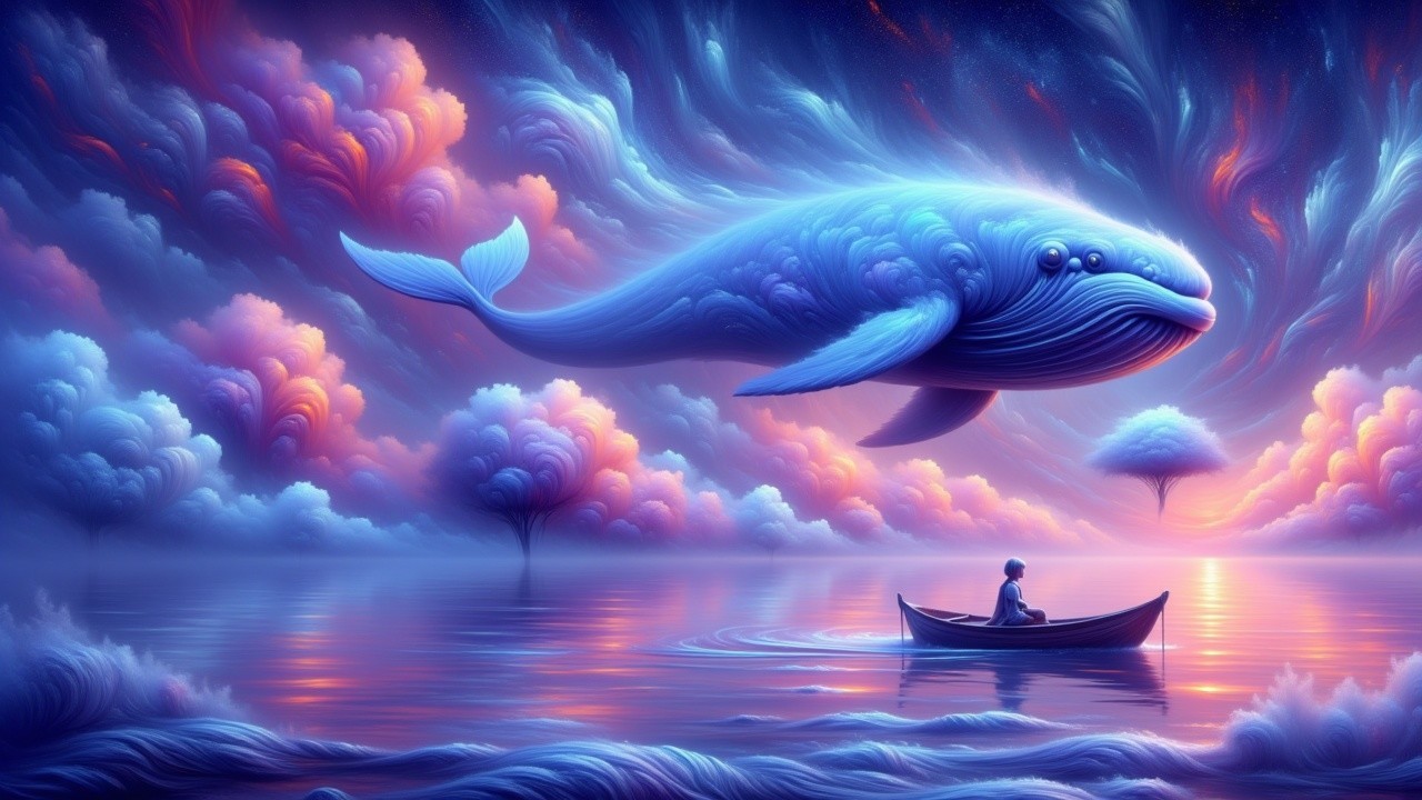 Serene Scene of a Boat and Ethereal Whale in Sky