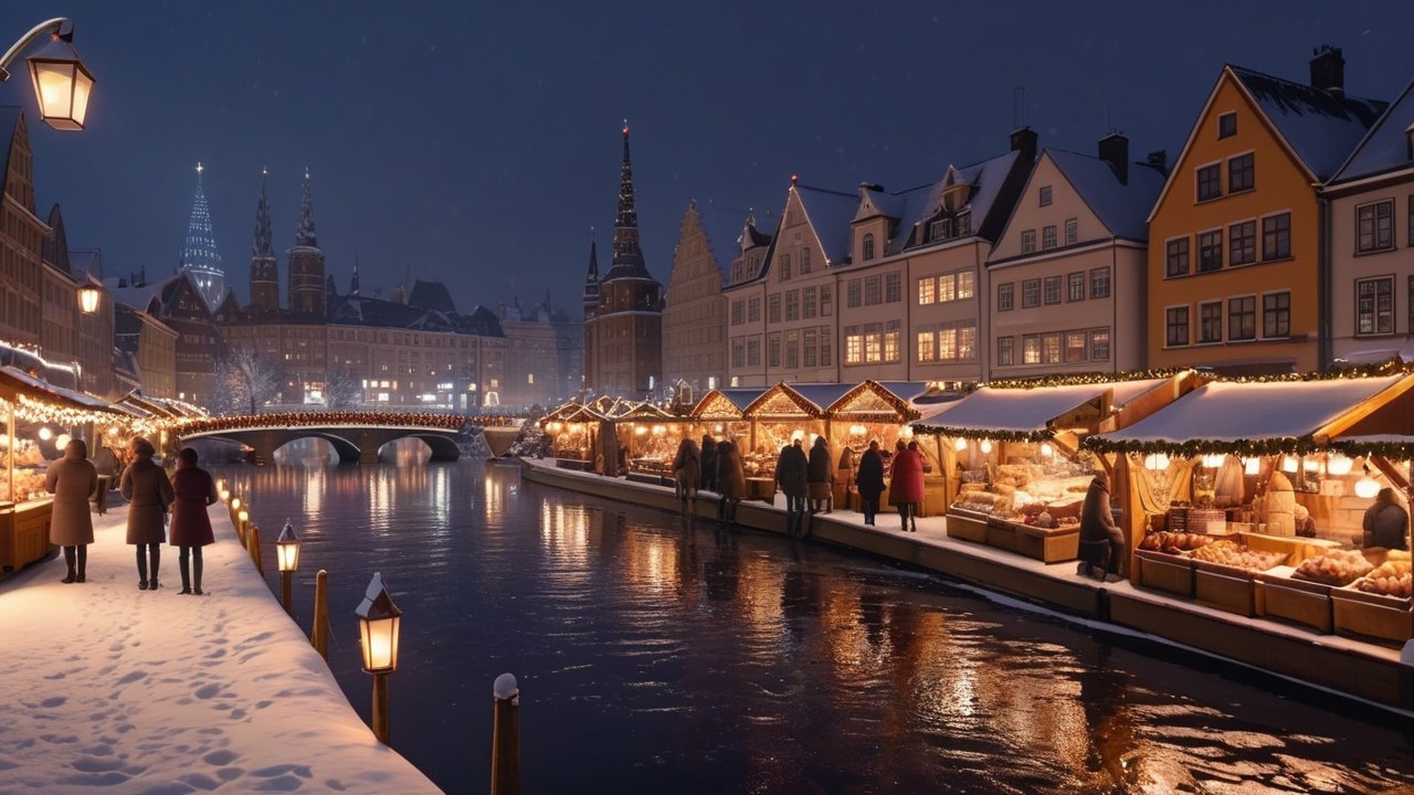 Winter Market Scene Along Snow-Covered Canal